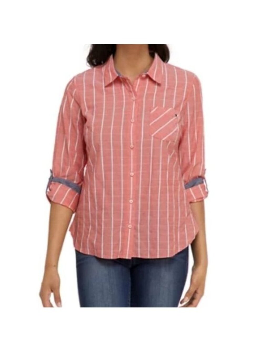 Tommy Hilfiger Roll Tab Stripe Convertible Button Down Shirt Top Women's Size XS